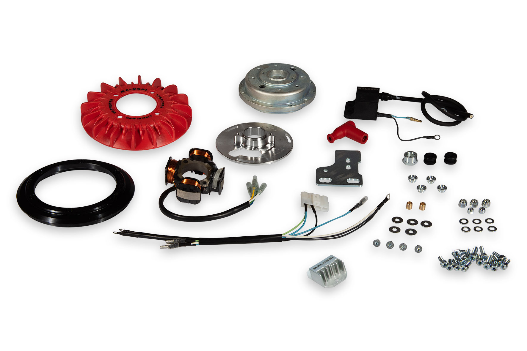 Kit accensione digitale ad anticipo variabile Malossi VESPower completo di volano pesante da 1800 grammi cono diametro 19 mm e regolatore 12V per trasformazione impianto a puntine su Vespa d'epoca 150 GL VLA1T - Codice 5518177