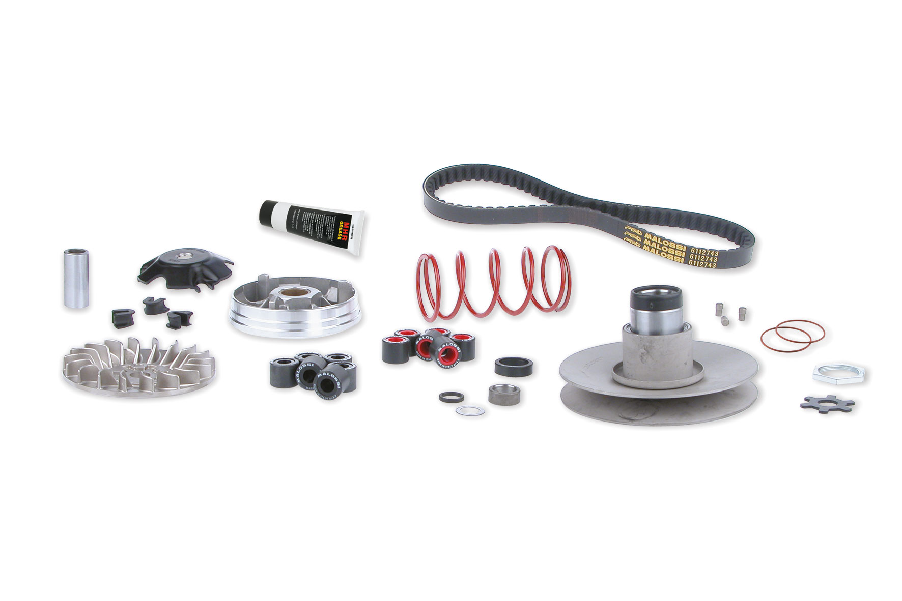 Kit trasmissione completa da competizione Malossi MHR Overrange 2010 a pulegge maggiorate con variatore rulli 19 mm e cinghia rinforzata per scooter motore Minarelli corto e verticale - Codice 6112811