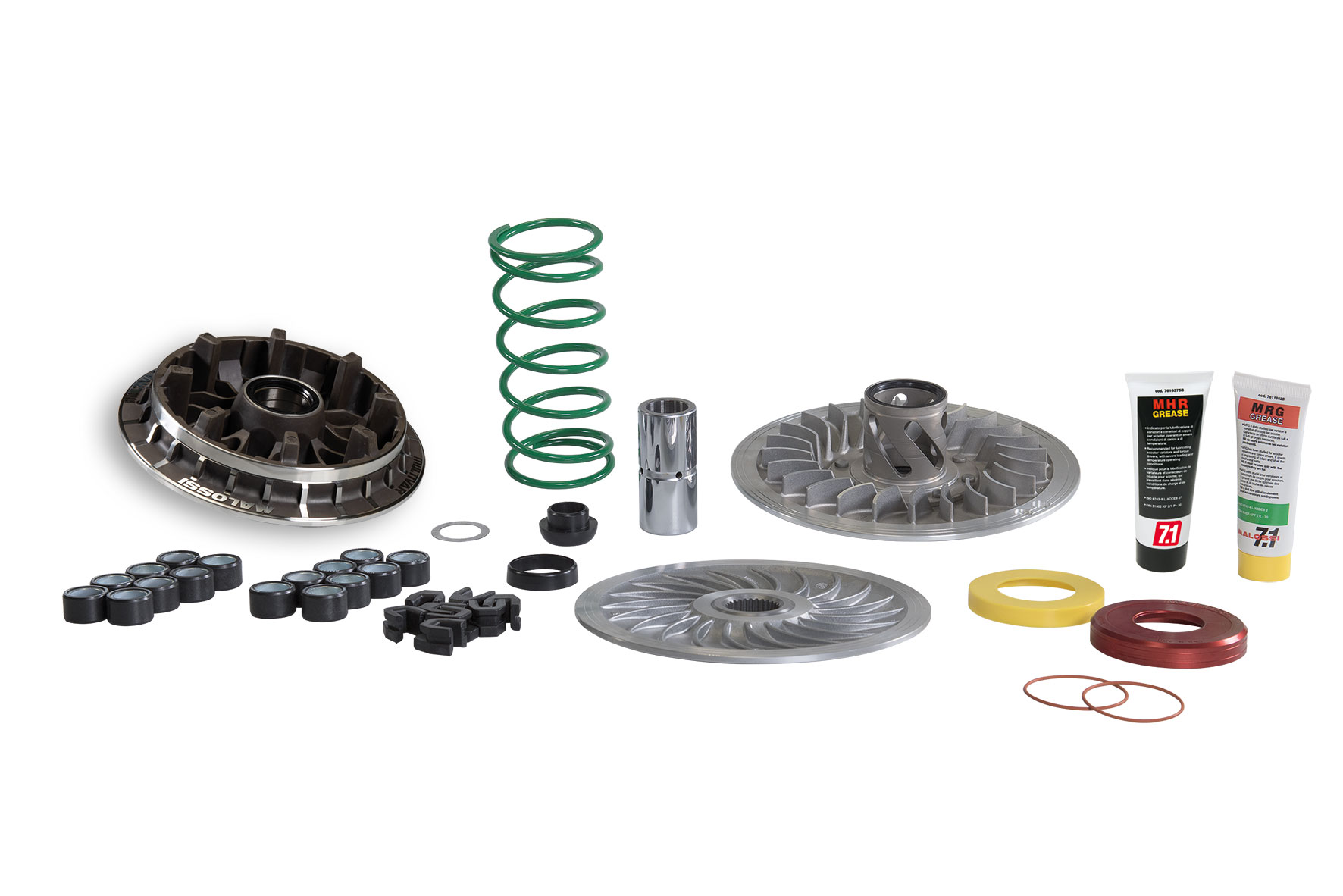 Kit trasmissione sportivo completo originale Malossi Overrange MHR Next con rulli venticinque per quattordici virgola nove millimetri e semipuleggia Ventilvar per maxiscooter Kymco AK 550 Euro quattro ed Euro cinque - Codice 6118612
