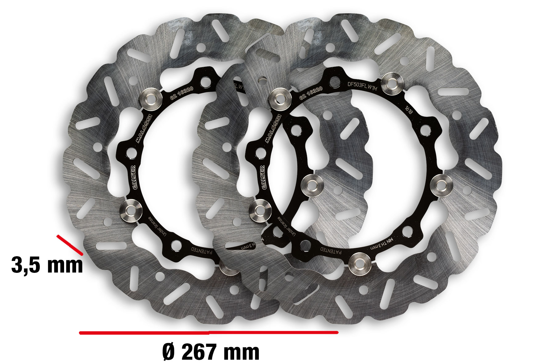 Coppia di dischi freno sportivi anteriori sagomati a margherita Malossi Whoop Disc diametro 267mm in acciaio inox ad alto carbonio per maxi scooter Yamaha T-Max 530 - Codice 6216320E