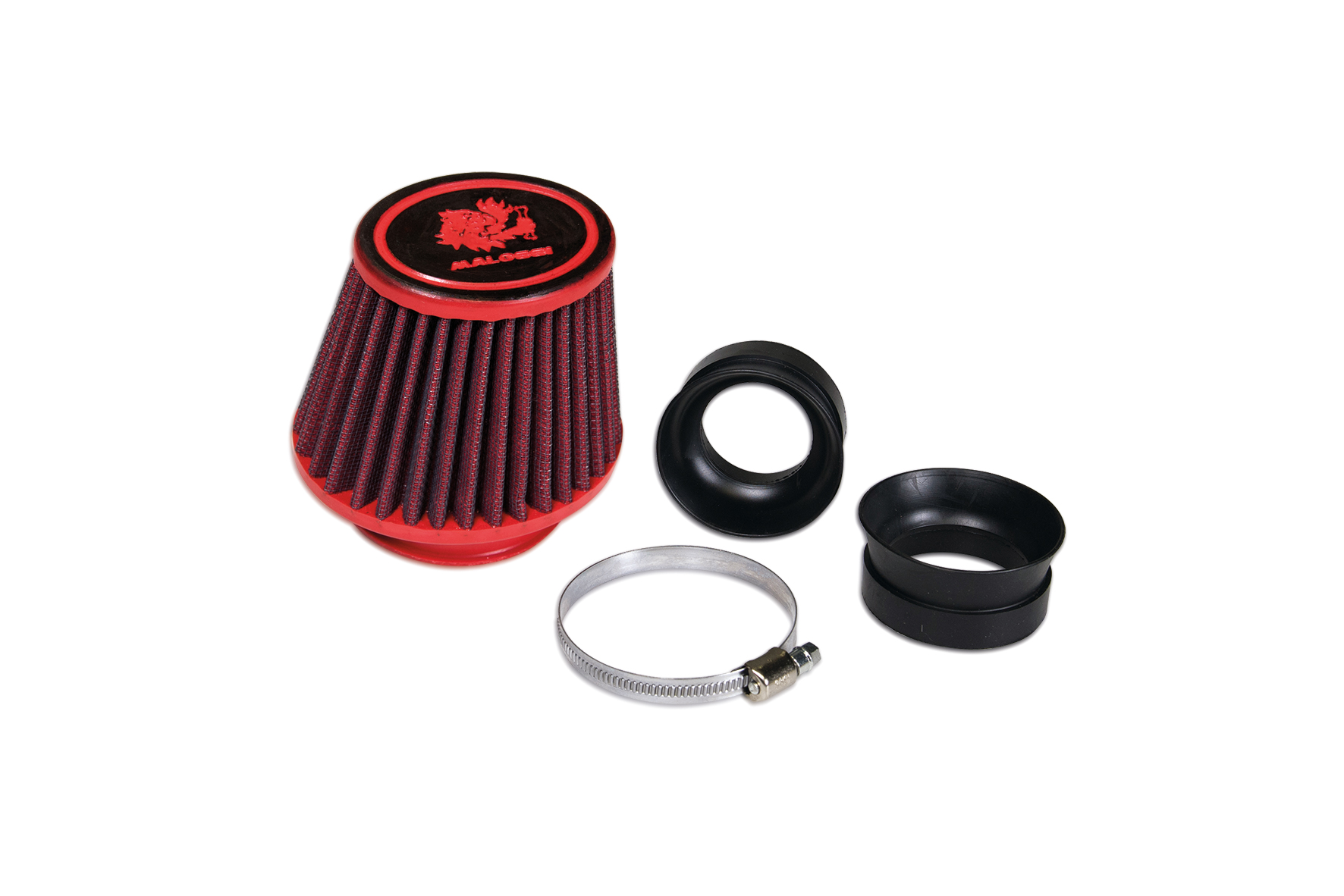 Filtro aria aperto sportivo a cono in spugna rossa lavabile Malossi serie E18 imbocco diametro 60 mm e dimensioni compatte 68x85 mm per carburatori racing - Codice 0417232
