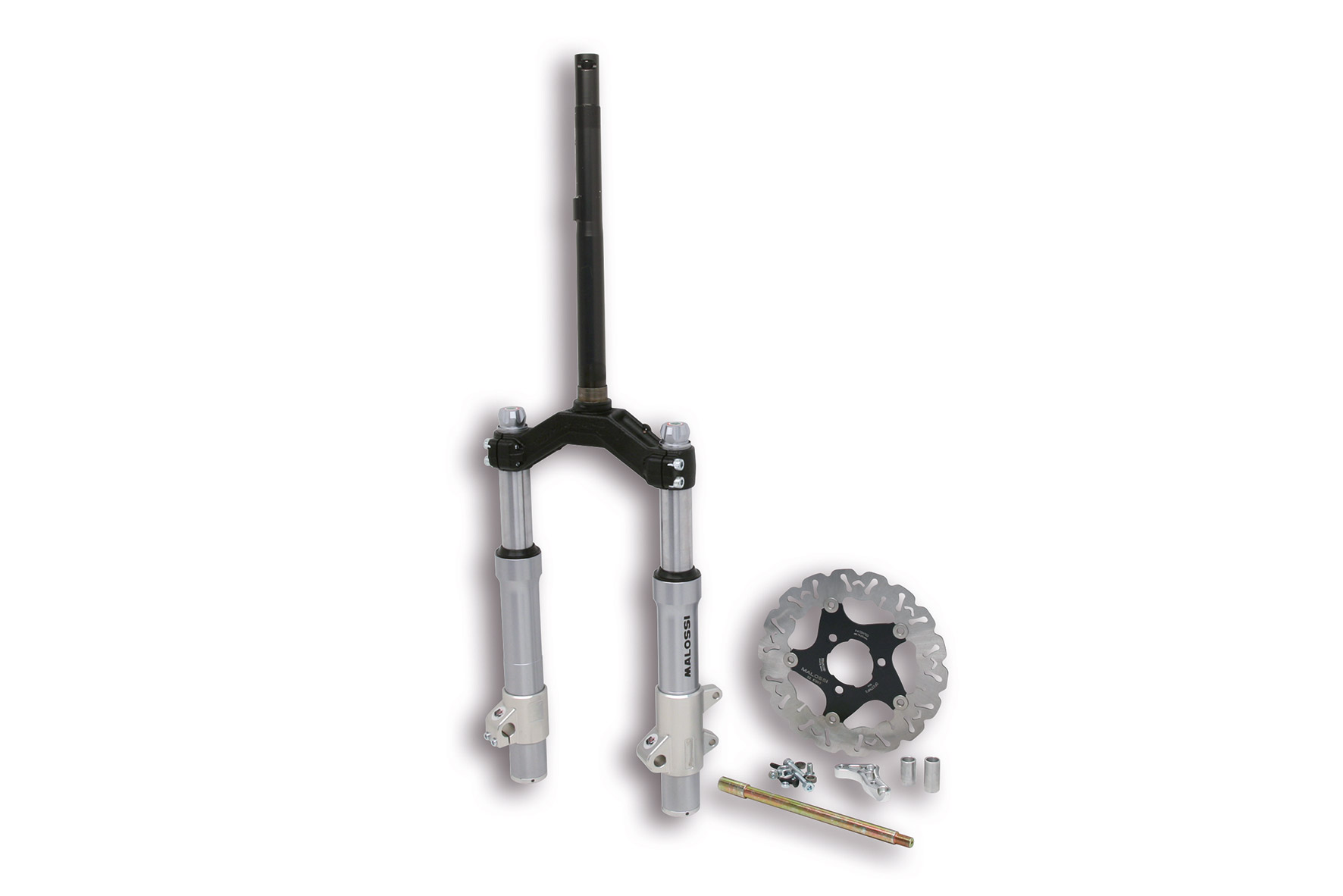 Forcella anteriore racing idraulica pluriregolabile Malossi F37R con steli maggiorati da 37mm in Ergal per Piaggio Typhoon 125cc adattamento cerchio Yamaha Stunt MBK Slider - Codice 4616779