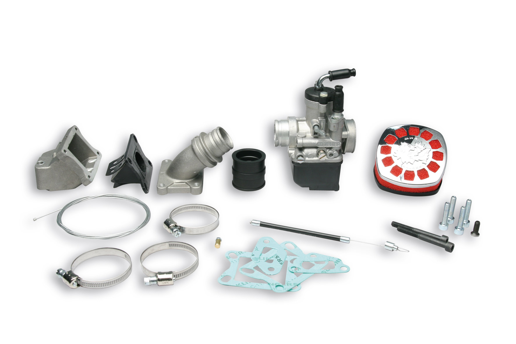 Kit di alimentazione sportivo ad alte prestazioni Malossi comprensivo di carburatore Dell'Orto PHBL 25B e collettore in alluminio sagomato per scooter d'epoca Vespa Primavera e ET3 125cc - Codice 1610847