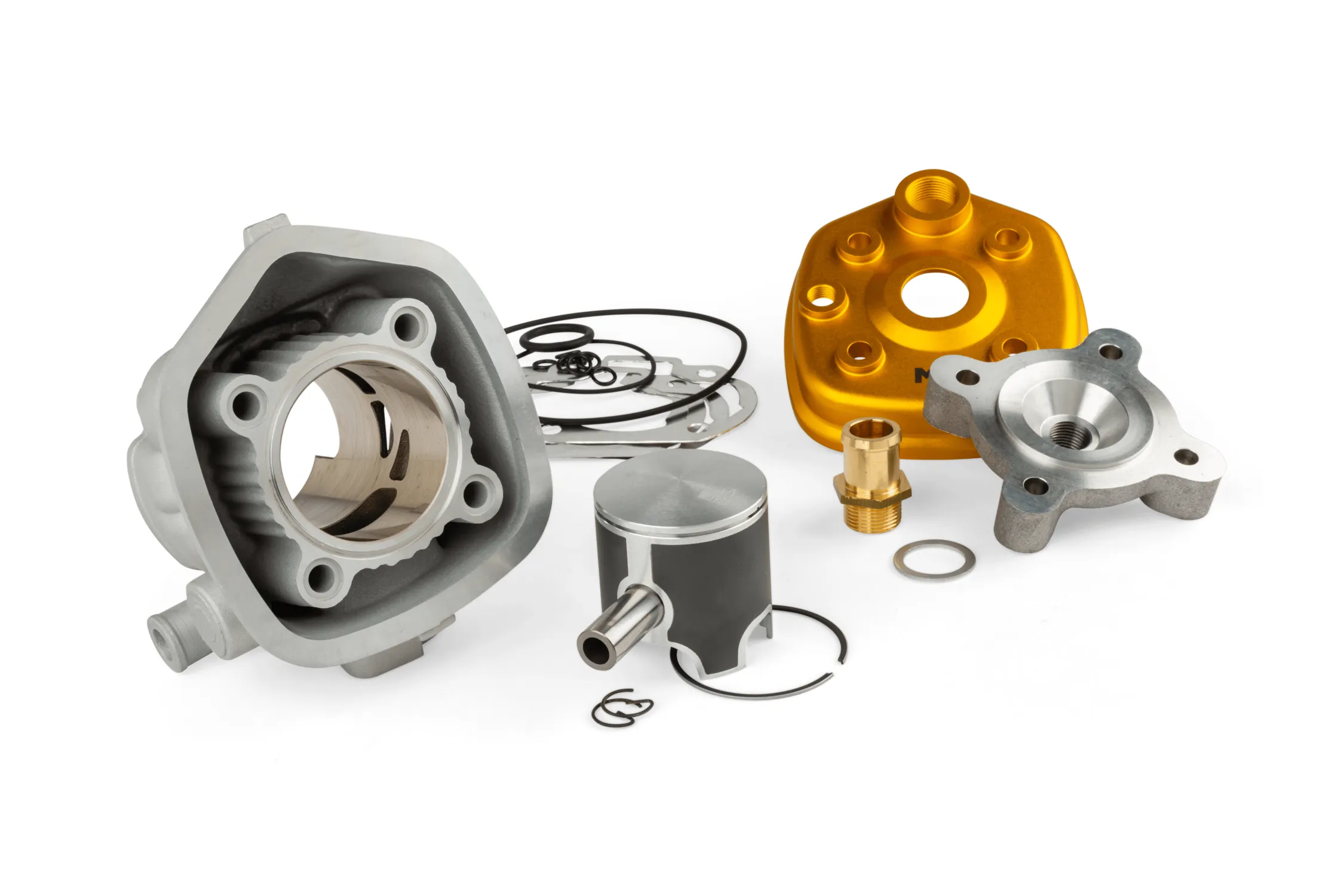 Dettaglio cilindro in alluminio e testa CNC del gruppo termico Metrakit Pro Race 3 70cc Minarelli orizzontale LC spinotto 12