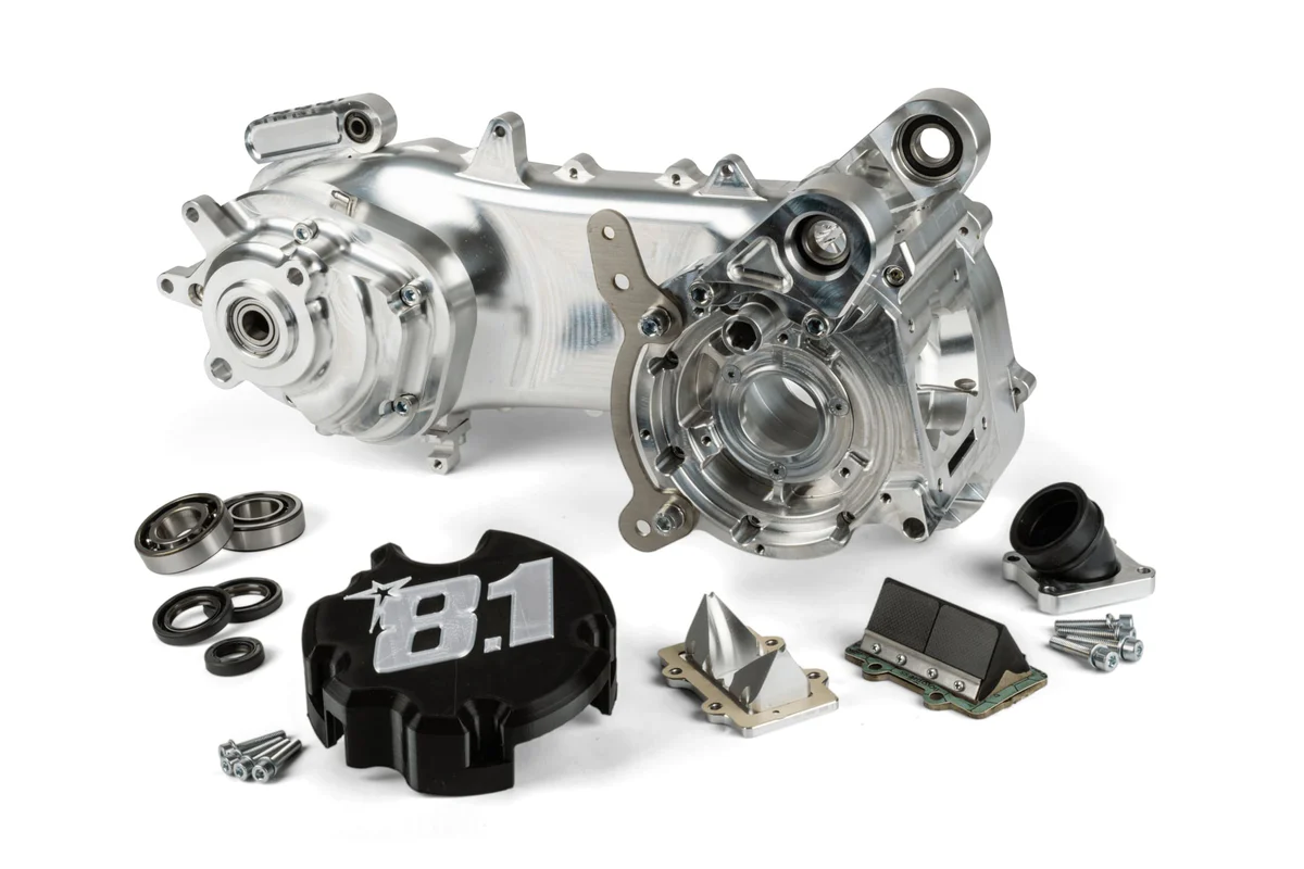 Carter motore completo 8.1 “Fireblade” 100cc versione Minarelli braccio lungo per ruota da 12”-13” e carburatori da 34 fino a 39mm.