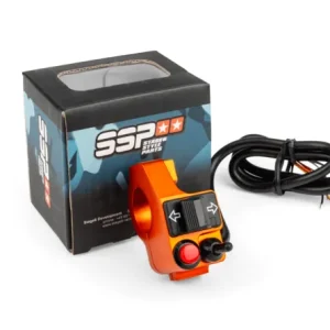 Interruttore manubrio CNC in alluminio Stage6 arancione blocchetto comandi universale a tre pulsanti serie SSP per scooter e moto