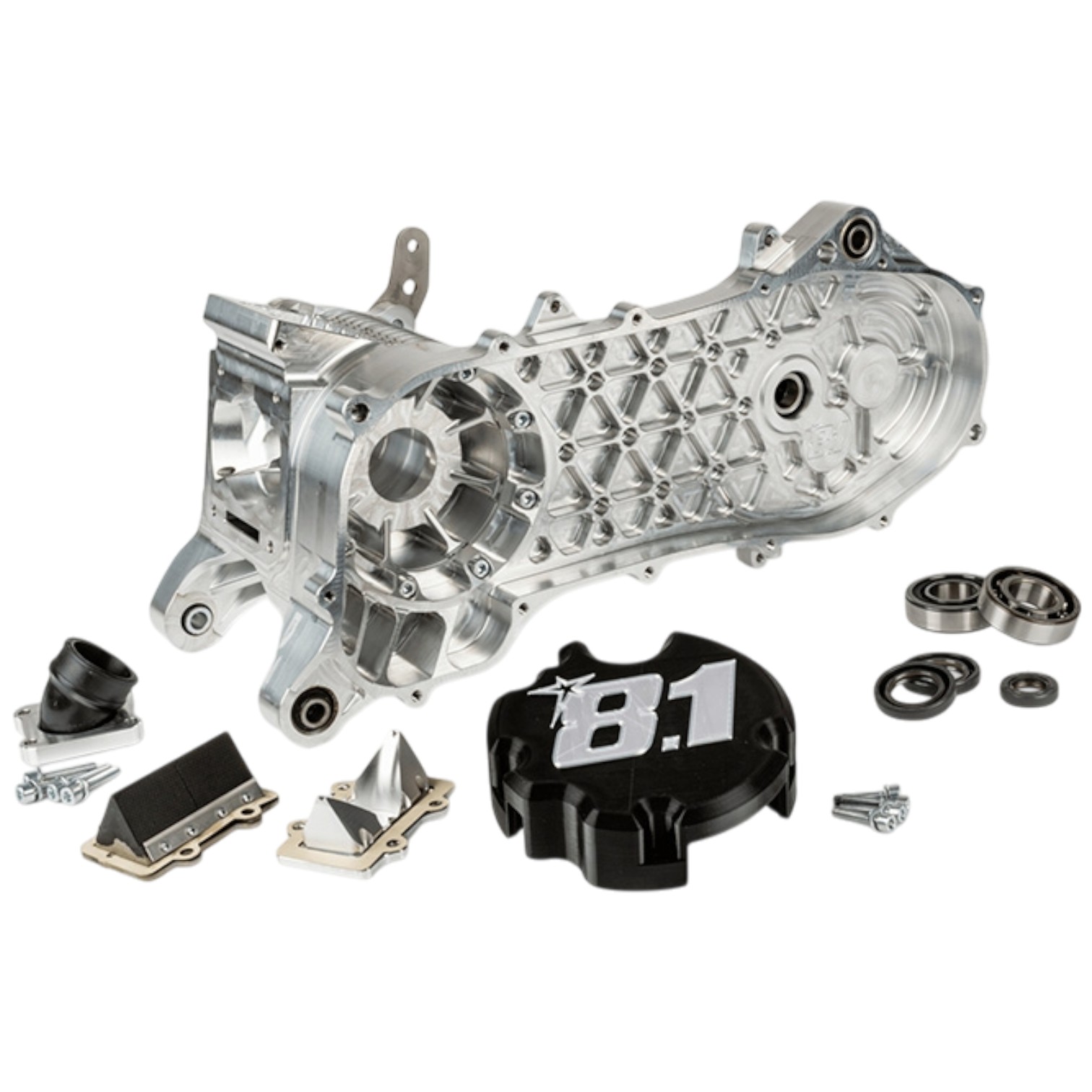 Carter motore completo 8.1 “Fireblade” 70cc versione Minarelli braccio lungo per ruota da 12”-13” e carburatori da 28 fino a 30mm.