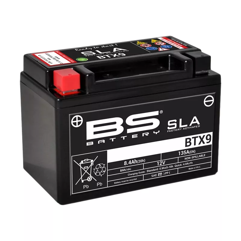 Batteria sigillata senza manutenzione attivata in fabbrica BS Battery modello SLA BTX9 a 12V e 8Ah per moto e scooter - Codice BS-300674