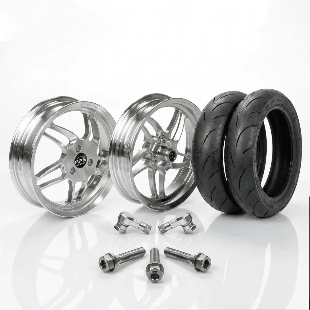 Set di ruote complete anteriore e posteriore RPG con cerchi in alluminio lavorato CNC da 13 pollici e pneumatici semi slick montati per Yamaha Aerox 50cc